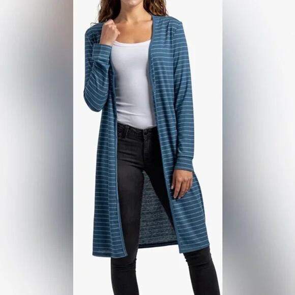 NWT Allthreads Blue White Stripe Coastal Long Cardigan Women's M - Picture 1 of 8